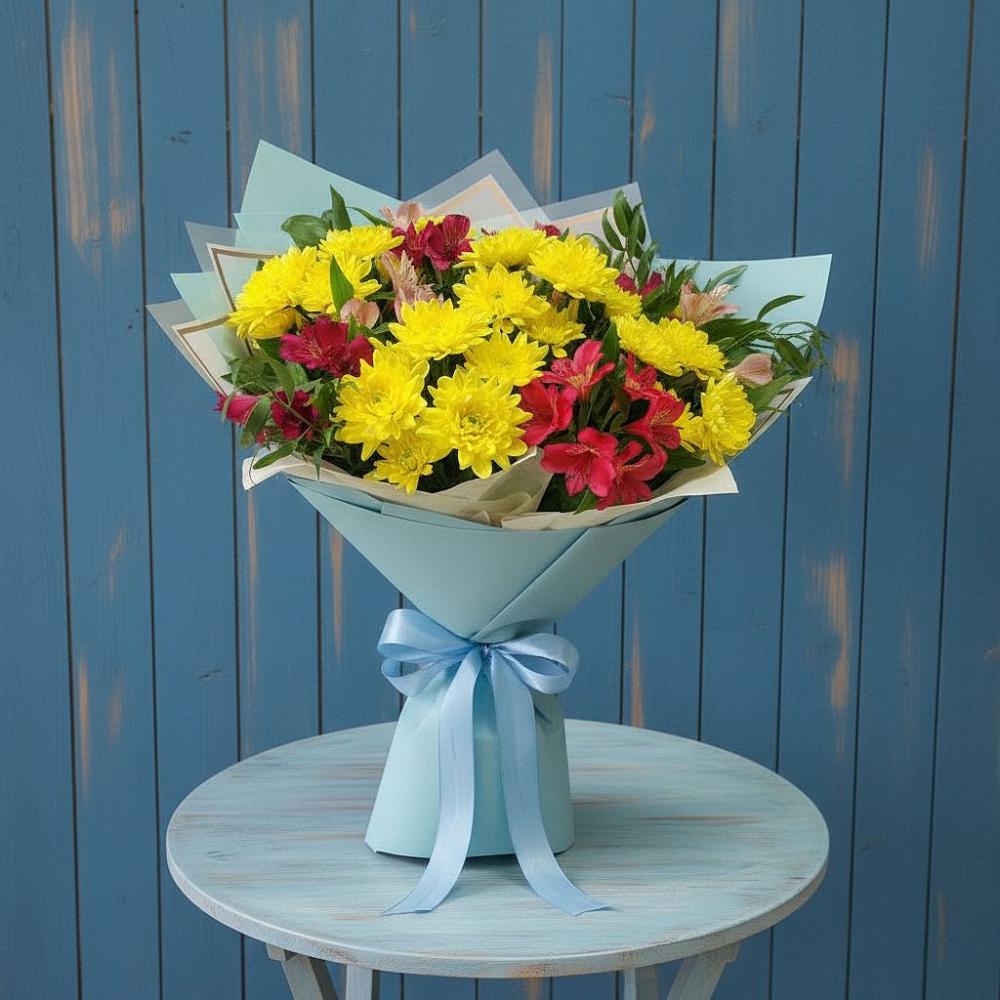Букет цветов из: Альстромерии и Хризантемы в Подлесном