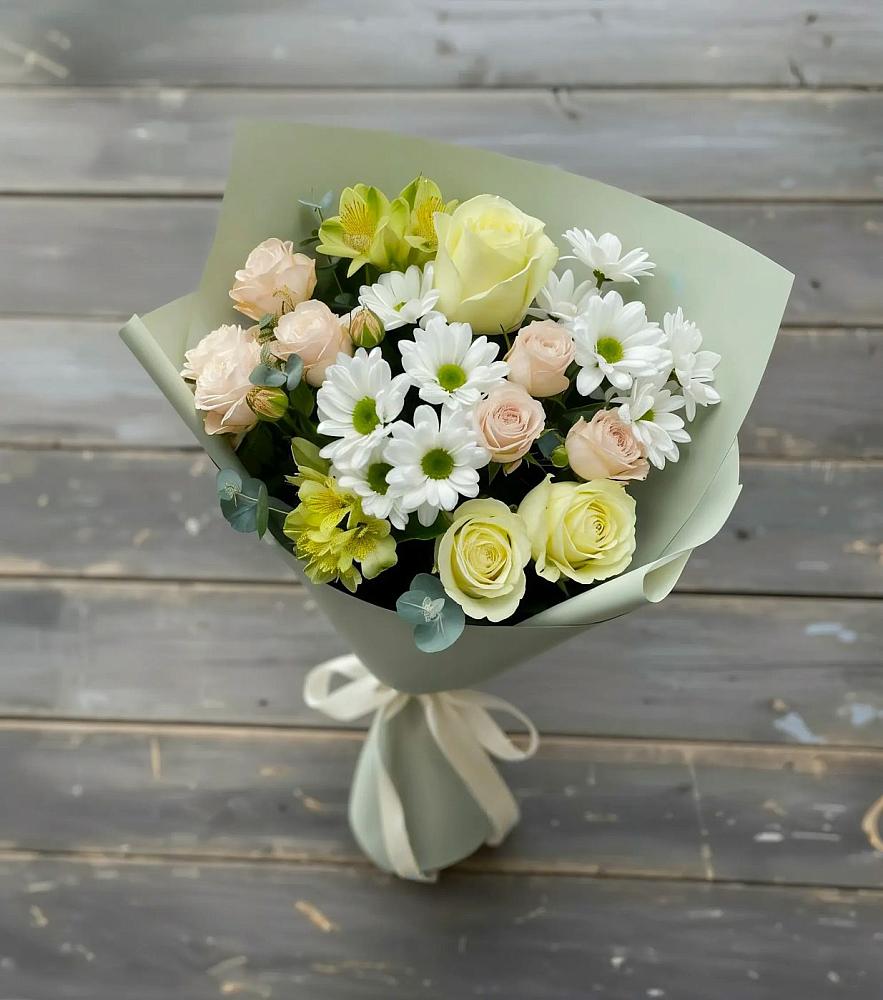 Букет цветов из: Альстромерии, Розы и Хризантемы в Подлесном