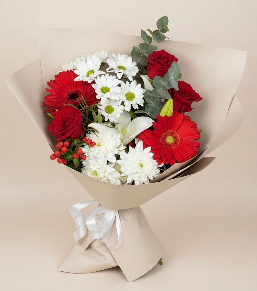 Букет цветов из: Розы, Хризантемы, Герберы и Лилии в Подлесном