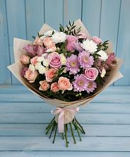 Букет цветов из:  Хризантемы, Розы и Альстромерии в Подлесном